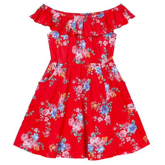 RED FLORAL OFF SHOULDER DRESS