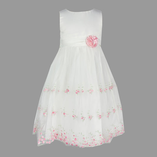 Formal Dress in Ivory with Embroidered Pink Flowers