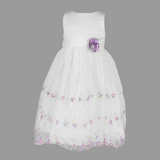 Formal Dress in Ivory with Embroidered Lilac Flowers