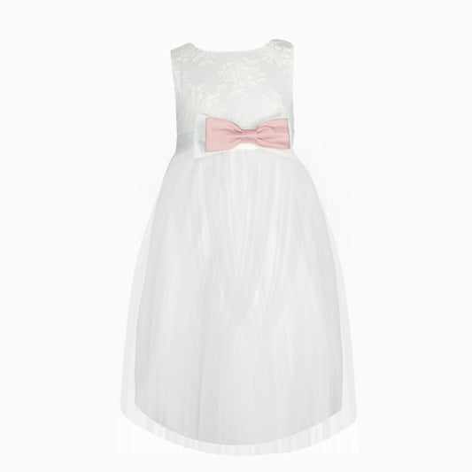 Ivory Lace Pink Bow Formal Dress